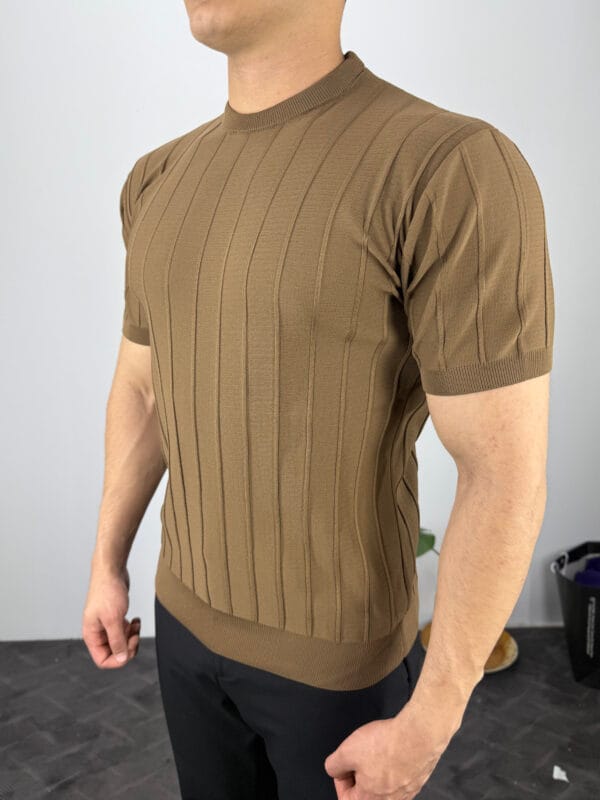 TM Bisiklet yaka Şerit Detaylı Triko Tshirt-Acı Kahve - Görsel 2