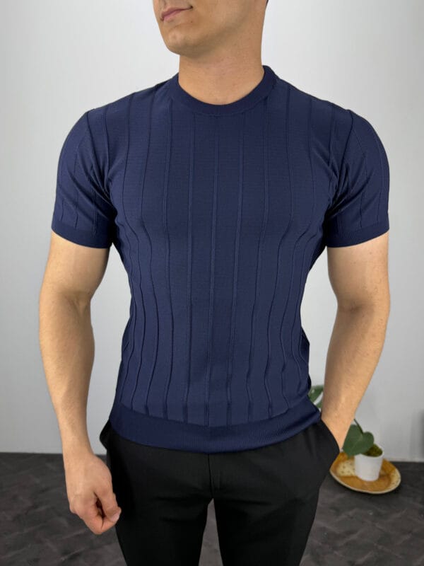 TM Bisiklet yaka Şerit Detaylı Triko Tshirt-Lacivert