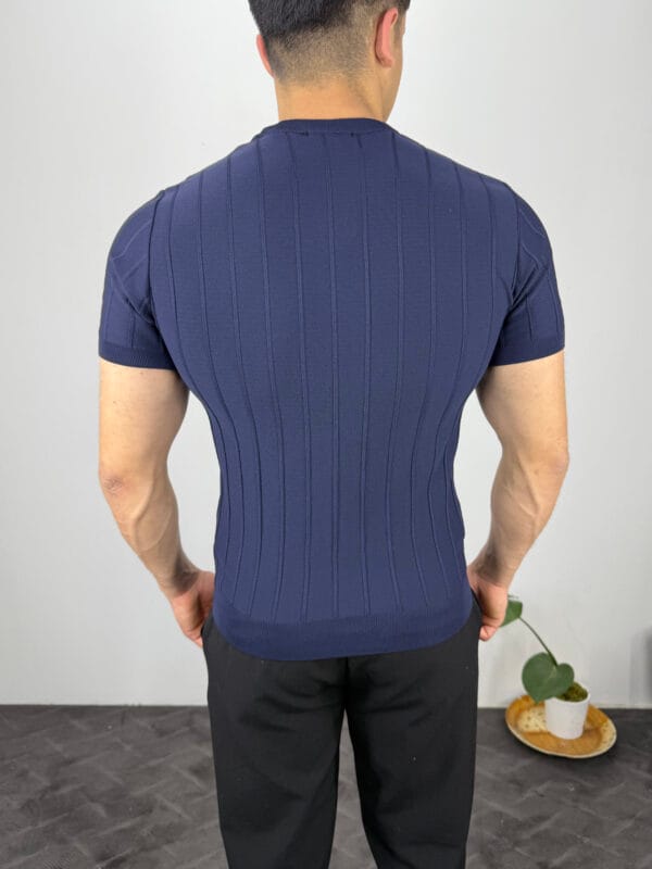 TM Bisiklet yaka Şerit Detaylı Triko Tshirt-Lacivert - Görsel 3