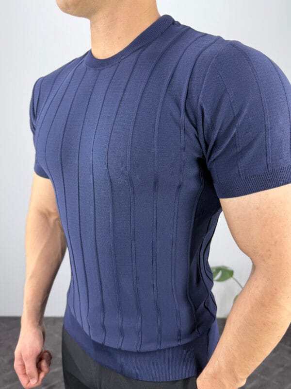 TM Bisiklet yaka Şerit Detaylı Triko Tshirt-Lacivert - Görsel 4
