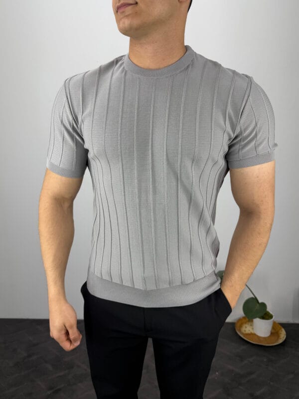 TM Bisiklet yaka Şerit Detaylı Triko Tshirt-Gri