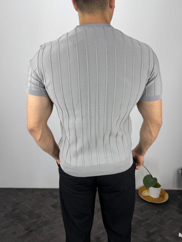 TM Bisiklet yaka Şerit Detaylı Triko Tshirt-Gri - Görsel 3