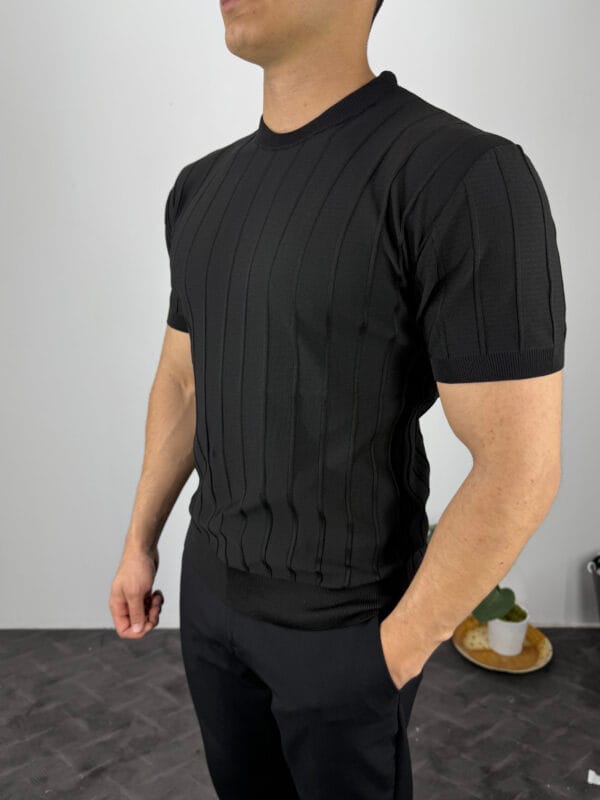 TM Bisiklet yaka Şerit Detaylı Triko Tshirt-Siyah - Görsel 2