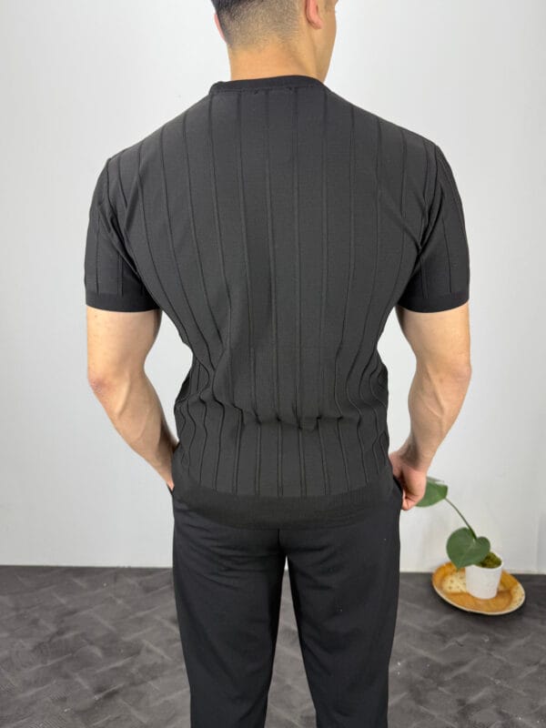 TM Bisiklet yaka Şerit Detaylı Triko Tshirt-Siyah - Görsel 3