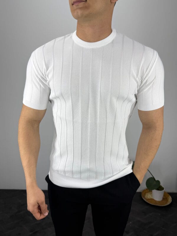 TM Bisiklet yaka Şerit Detaylı Triko Tshirt-Beyaz