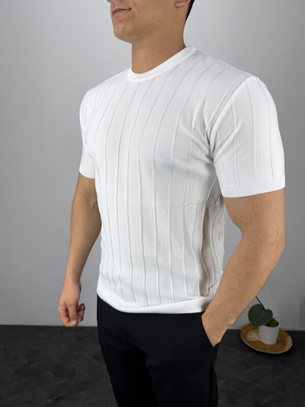 TM Bisiklet yaka Şerit Detaylı Triko Tshirt-Beyaz - Görsel 2