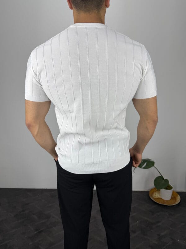 TM Bisiklet yaka Şerit Detaylı Triko Tshirt-Beyaz - Görsel 3