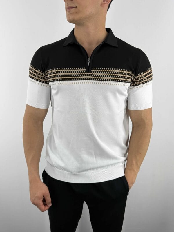E10 Desen Detaylı Polo Yaka Triko Tshirt-Siyah / Beyaz