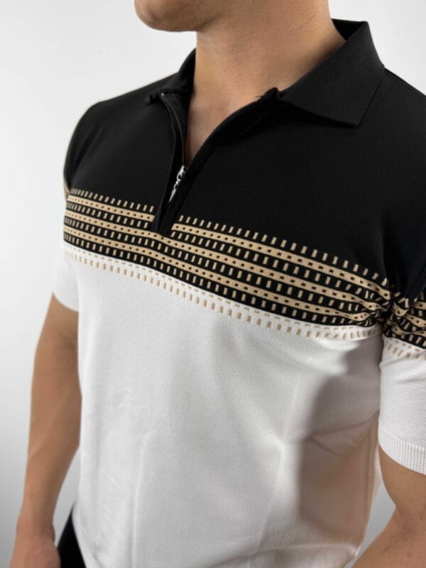 E10 Desen Detaylı Polo Yaka Triko Tshirt-Siyah / Beyaz - Görsel 4