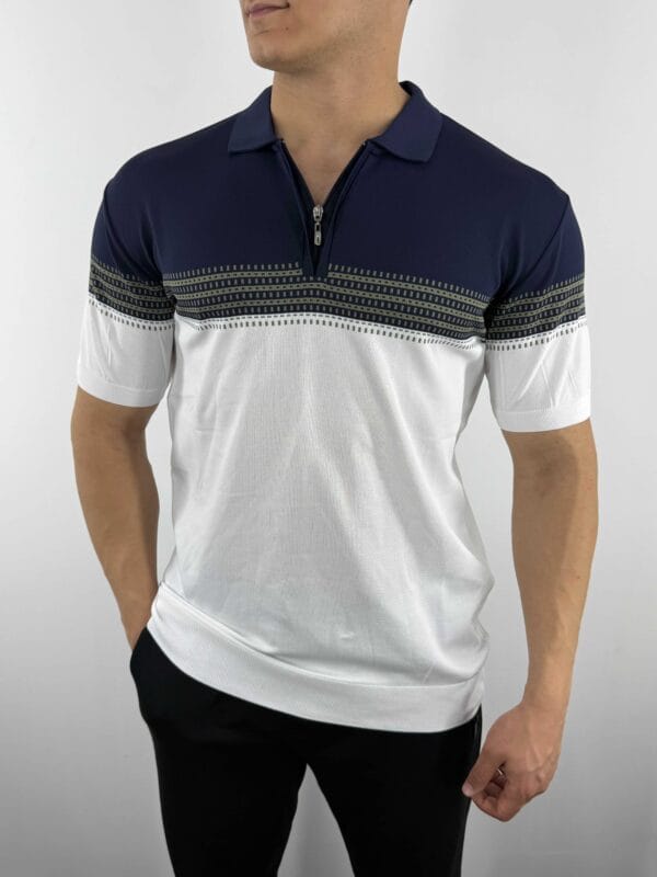 E10 Desen Detaylı Polo Yaka Triko Tshirt-Beyaz/Lacivert