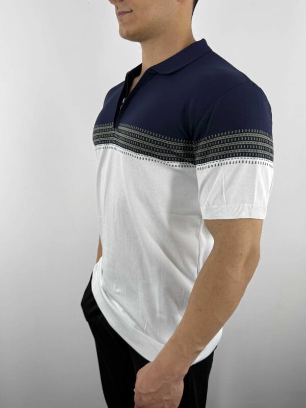 E10 Desen Detaylı Polo Yaka Triko Tshirt-Beyaz/Lacivert - Görsel 2