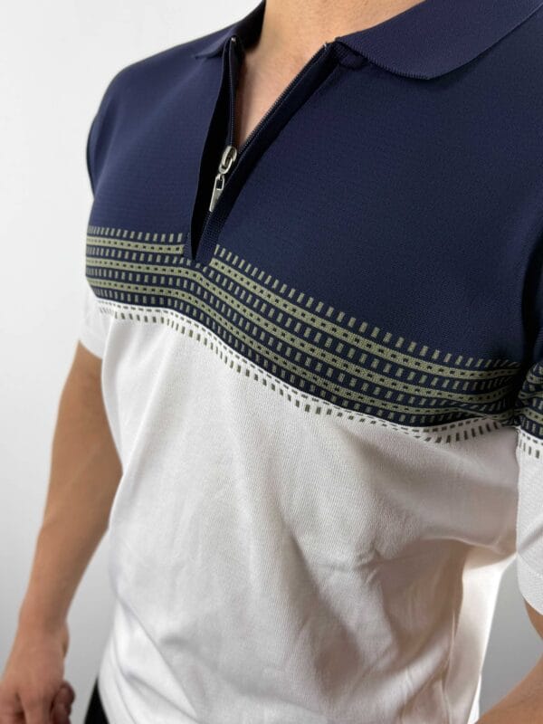 E10 Desen Detaylı Polo Yaka Triko Tshirt-Beyaz/Lacivert - Görsel 4