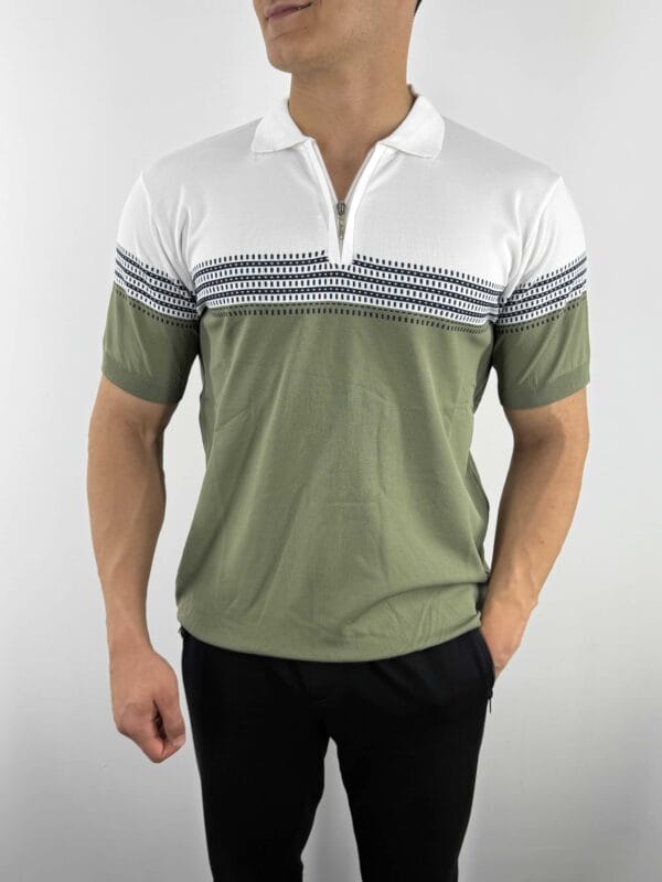 E10 Desen Detaylı Polo Yaka Triko Tshirt-Haki/Beyaz
