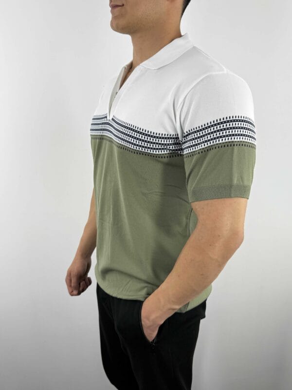 E10 Desen Detaylı Polo Yaka Triko Tshirt-Haki/Beyaz - Görsel 2