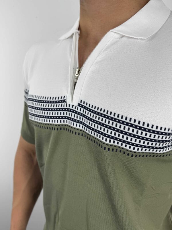 E10 Desen Detaylı Polo Yaka Triko Tshirt-Haki/Beyaz - Görsel 4