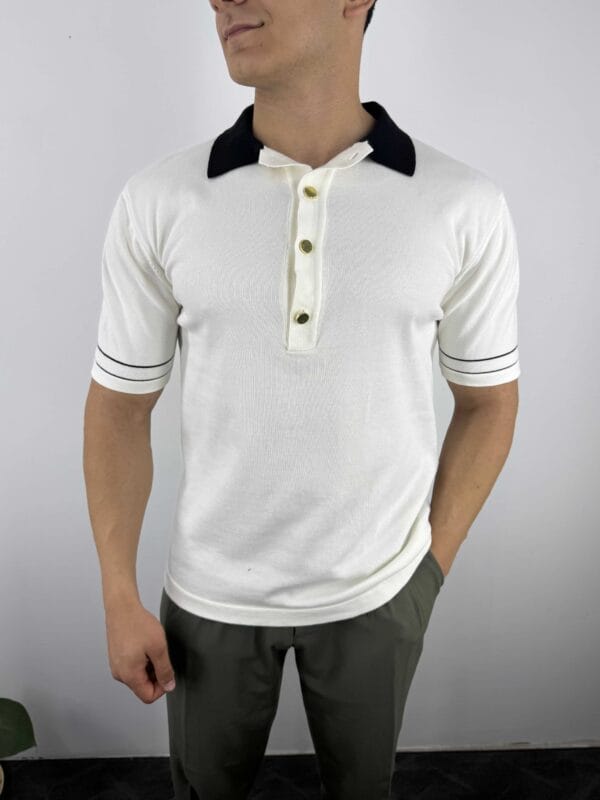 G24 Gold Düğmeli Old Money Polo Yaka T-shirt - Beyaz