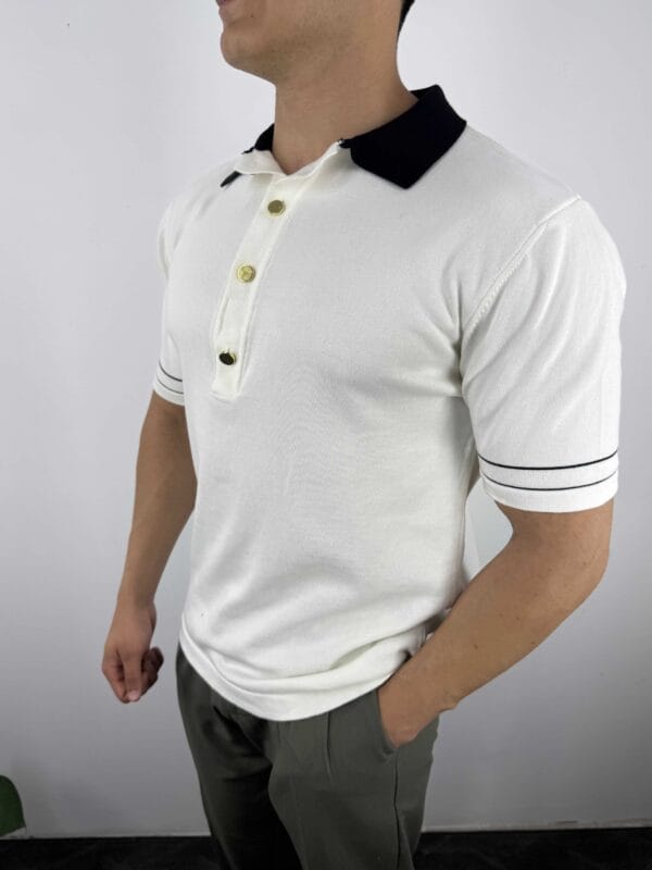 G24 Gold Düğmeli Old Money Polo Yaka T-shirt - Beyaz - Görsel 2