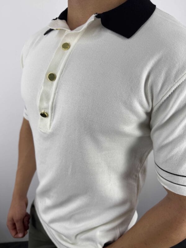 G24 Gold Düğmeli Old Money Polo Yaka T-shirt - Beyaz - Görsel 4