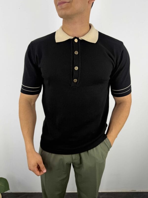 G24 Gold Düğmeli Old Money Polo Yaka T-shirt - Siyah