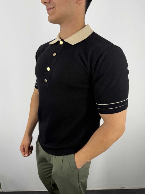 G24 Gold Düğmeli Old Money Polo Yaka T-shirt - Siyah - Görsel 2