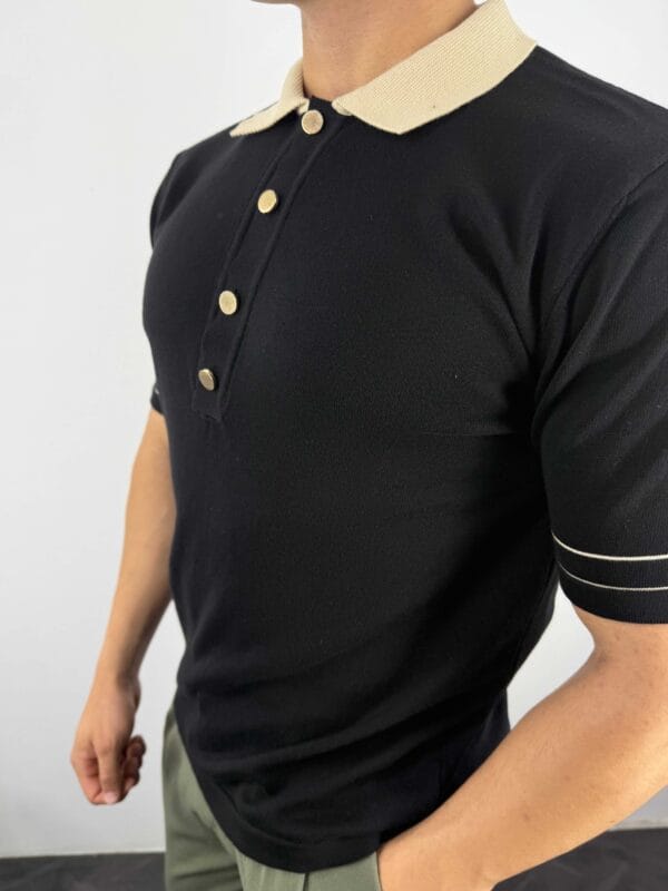 G24 Gold Düğmeli Old Money Polo Yaka T-shirt - Siyah - Görsel 4