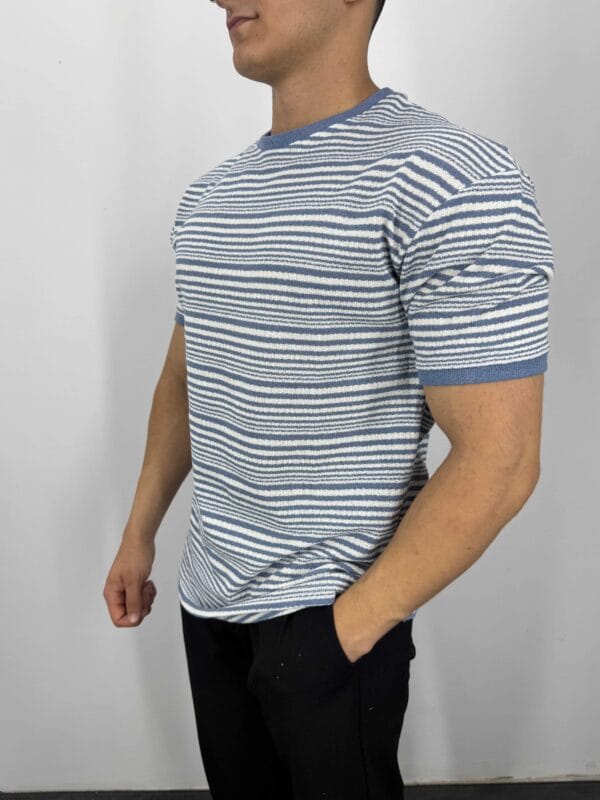 B011 Çizgi Desenli Jakarlı Tshirt-Bebe Mavi - Görsel 2