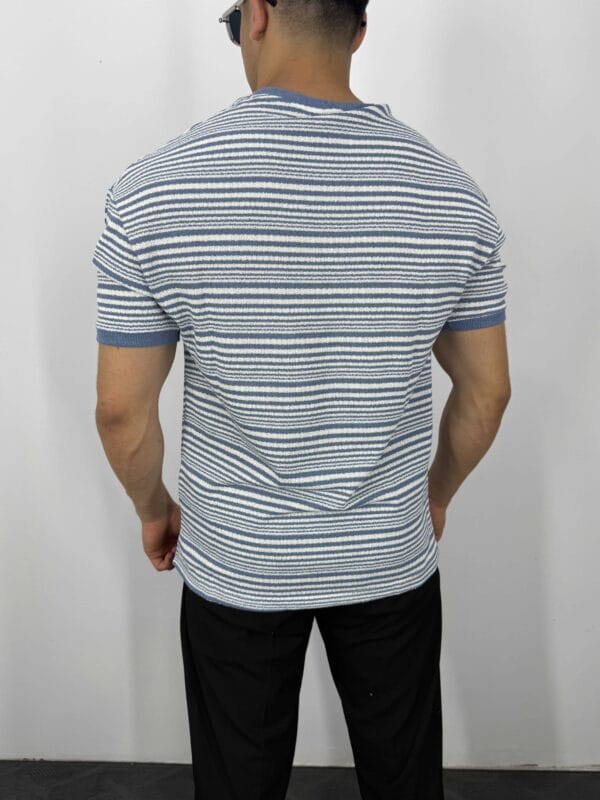 B011 Çizgi Desenli Jakarlı Tshirt-Bebe Mavi - Görsel 3