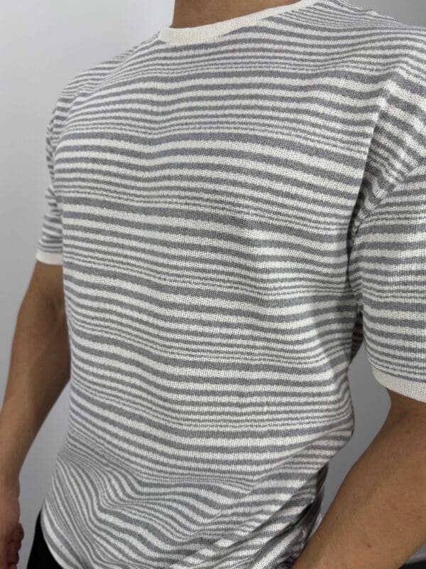 B011 Çizgi Desenli Jakarlı Tshirt-Gri - Görsel 4