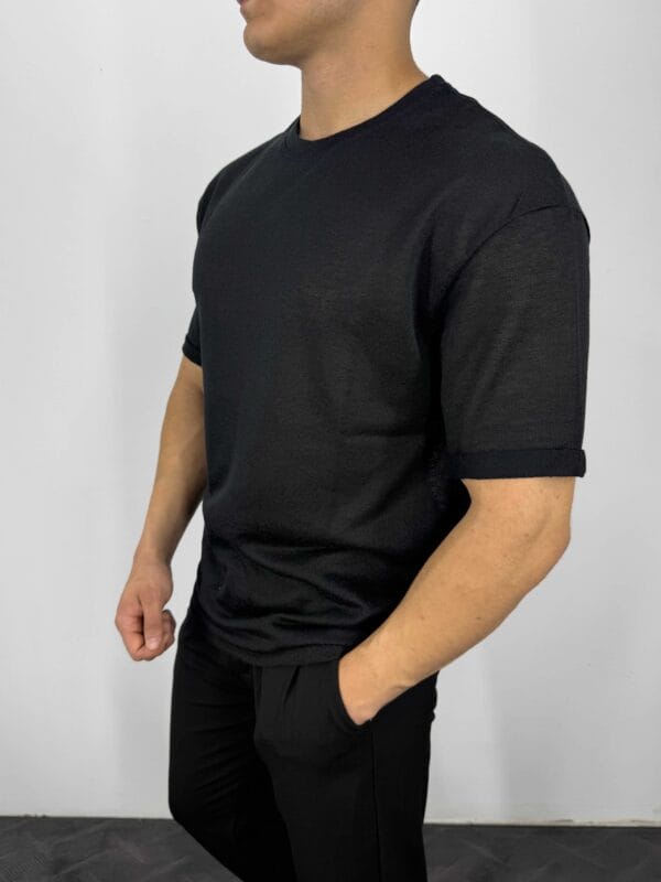 C55 Yarım Oversize  Jakarlı Tshirt-Siyah - Görsel 2
