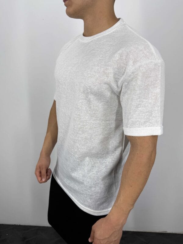C55 Yarım Oversize  Jakarlı Tshirt-Beyaz - Görsel 2