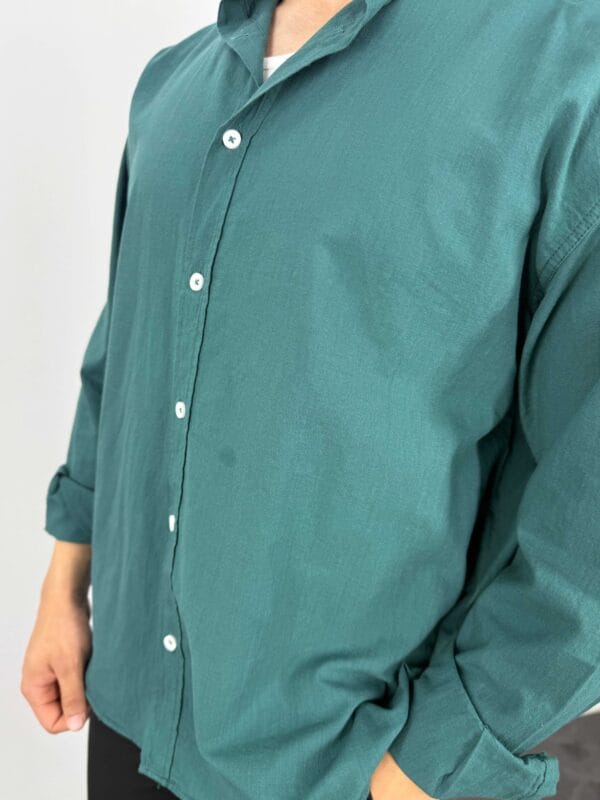 Aby Keten Oversize Gömlek-Yeşil - Görsel 4